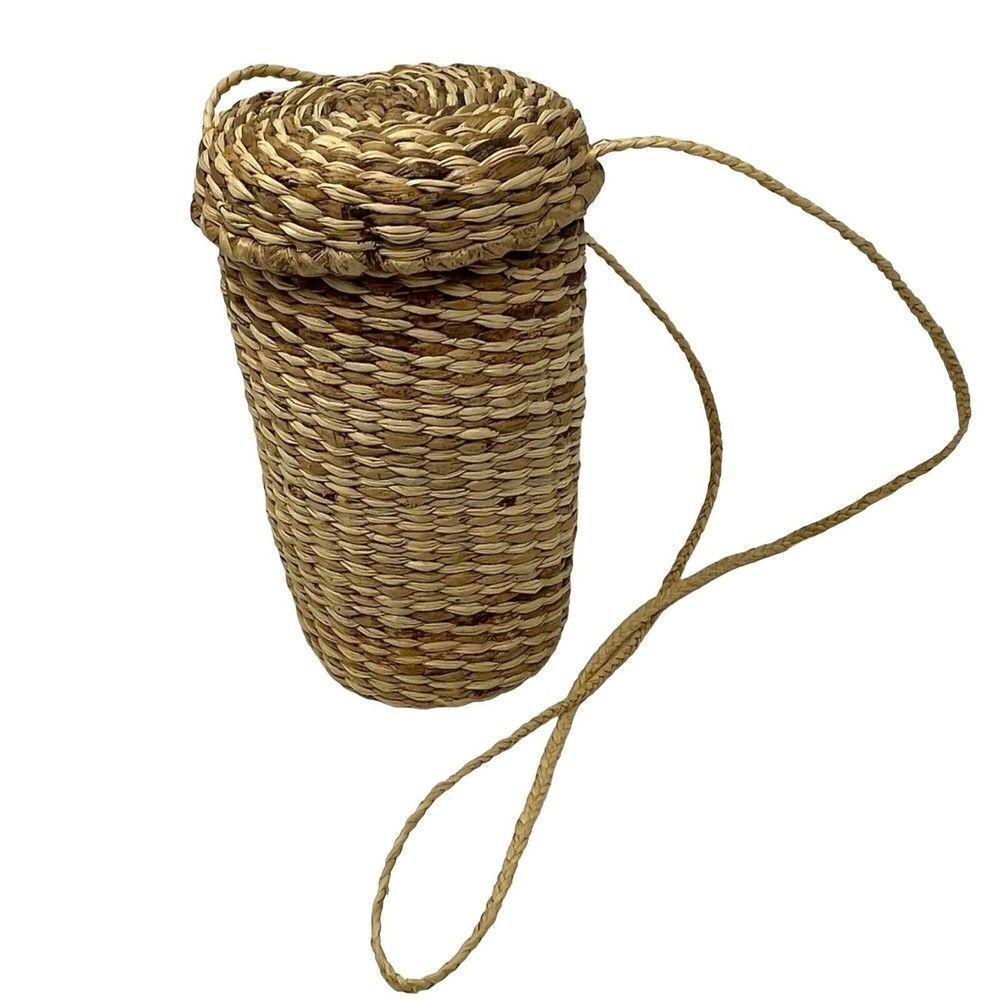 Basket weaved straw cylinder crossbody purse with lid small natural tone cream